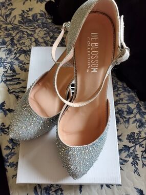 De Blossom Collection Silver Crystal Pointed-Toe Ankle-Strap Heels